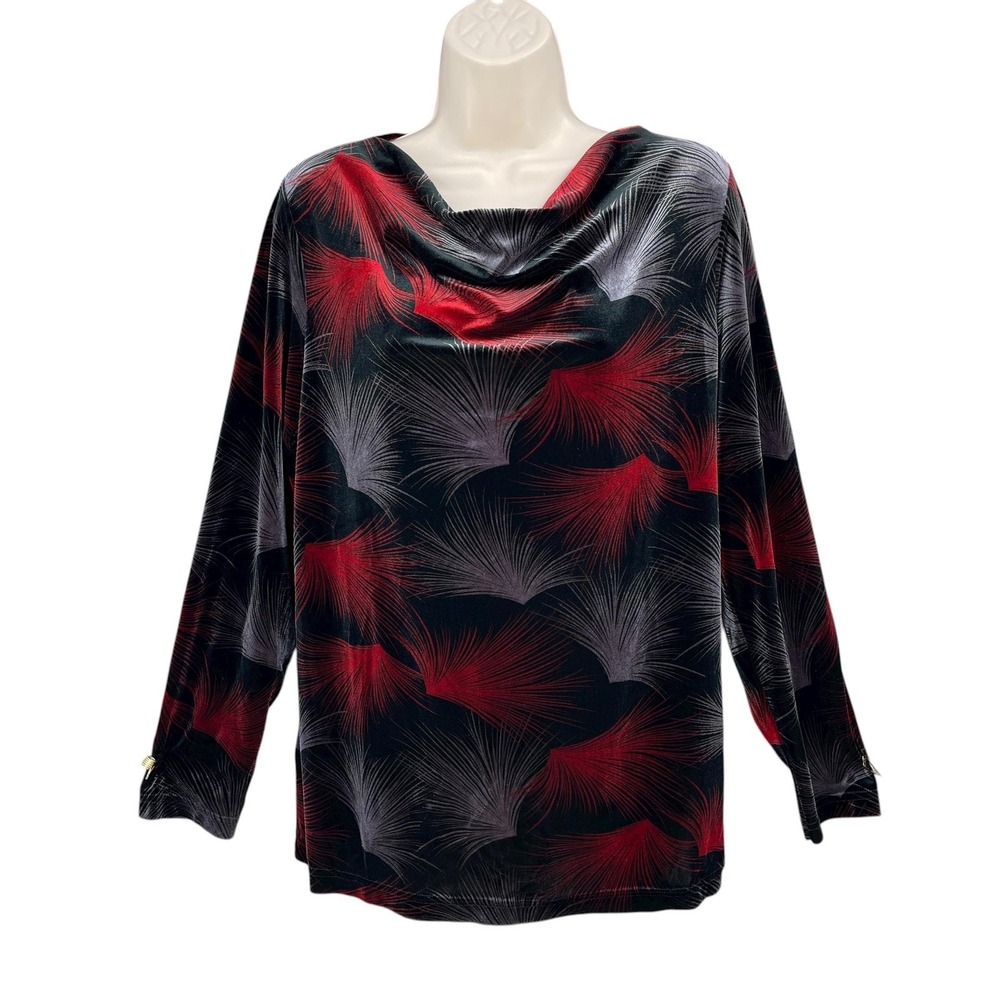 Vintage Velour Shirt Women Size L Preppy Red Feather Print Cowl Neck Long Sleeve